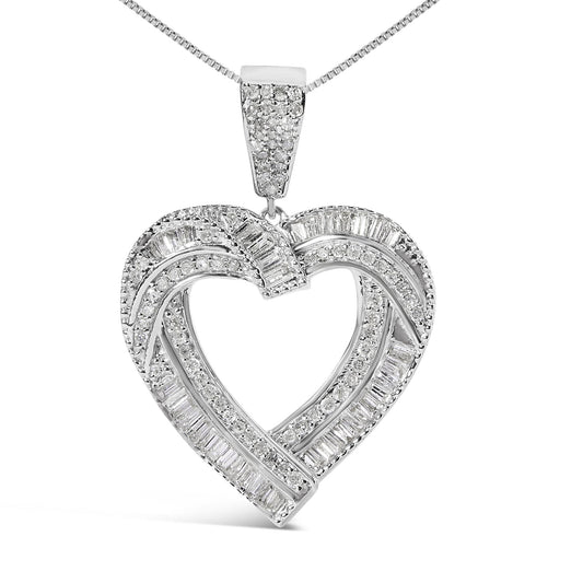 Close-up front view of a white heart-shaped necklace pendant featuring round white gemstones in prong settings and baguette white gemstones in channel settings, shown on a white background.