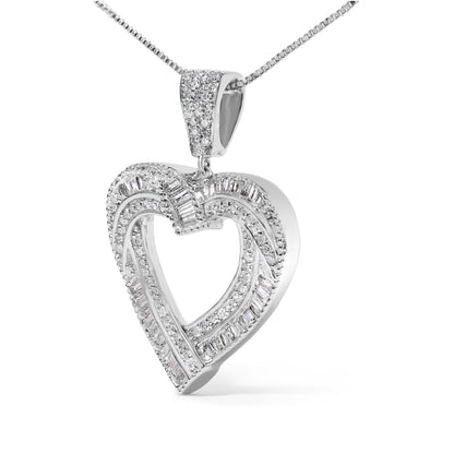 Close-up angled view of a white metal heart-shaped necklace pendant featuring round prong-set white gemstones and baguette channel-set white gemstones, suspended on a white metal chain.