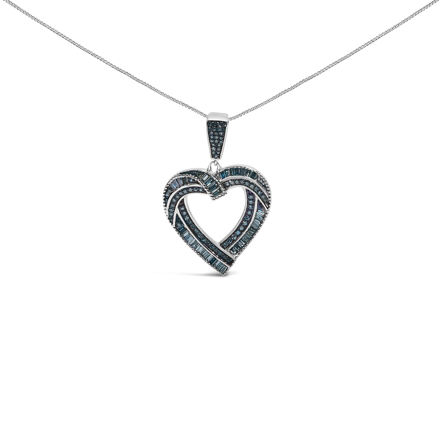 Close-up front view of a white necklace with a heart-shaped pendant featuring round and baguette blue gemstones in prong and channel settings, shown against a white background.