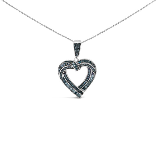 Close-up front view of a white necklace with a heart-shaped pendant featuring round and baguette blue gemstones in prong and channel settings, shown against a white background.