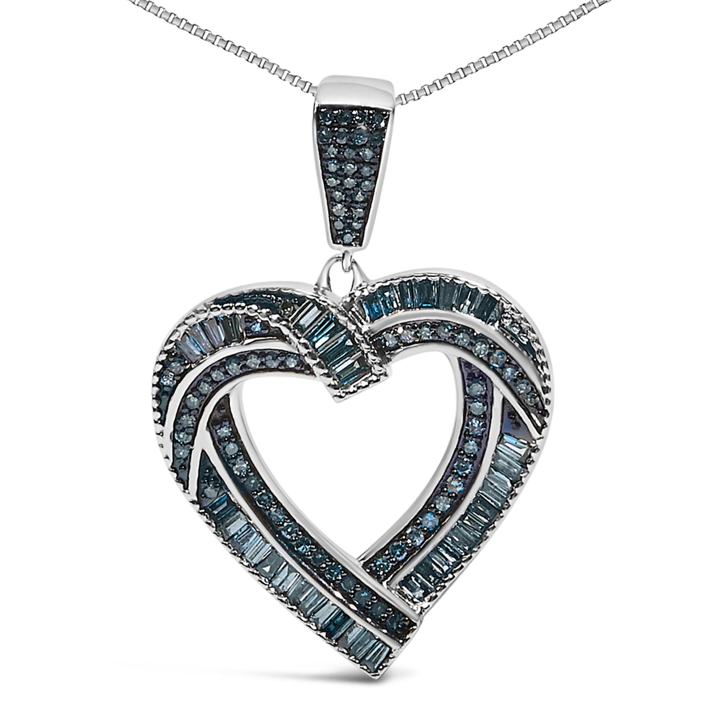 Close-up front view of a white metal heart-shaped necklace pendant adorned with round prong-set blue gemstones and baguette channel-set blue gemstones, shown on a white background.