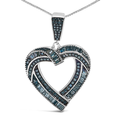 Close-up front view of a white metal heart-shaped necklace pendant adorned with round prong-set blue gemstones and baguette channel-set blue gemstones, shown on a white background.