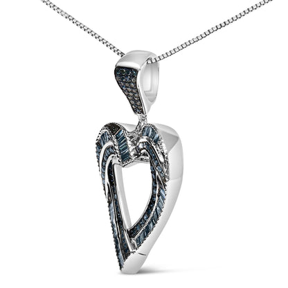 Close-up front angle of a white metal necklace pendant featuring intertwined loops adorned with blue round gemstones in prong settings and blue baguette gemstones in channel settings.