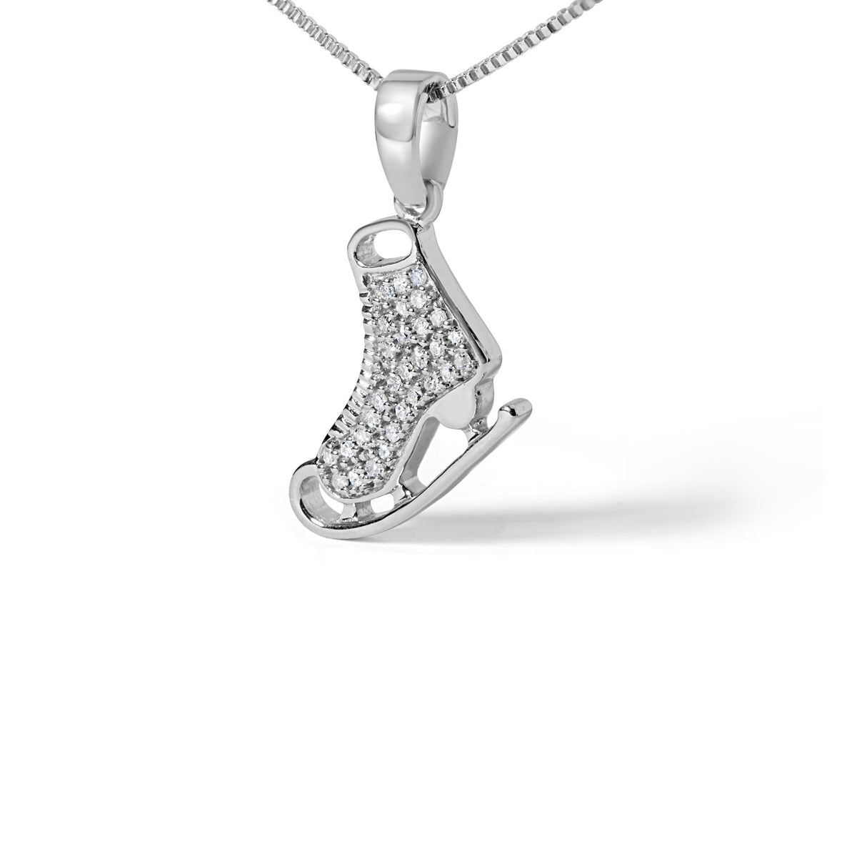 Detail view of the sterling silver diamond ice skate pendant necklace