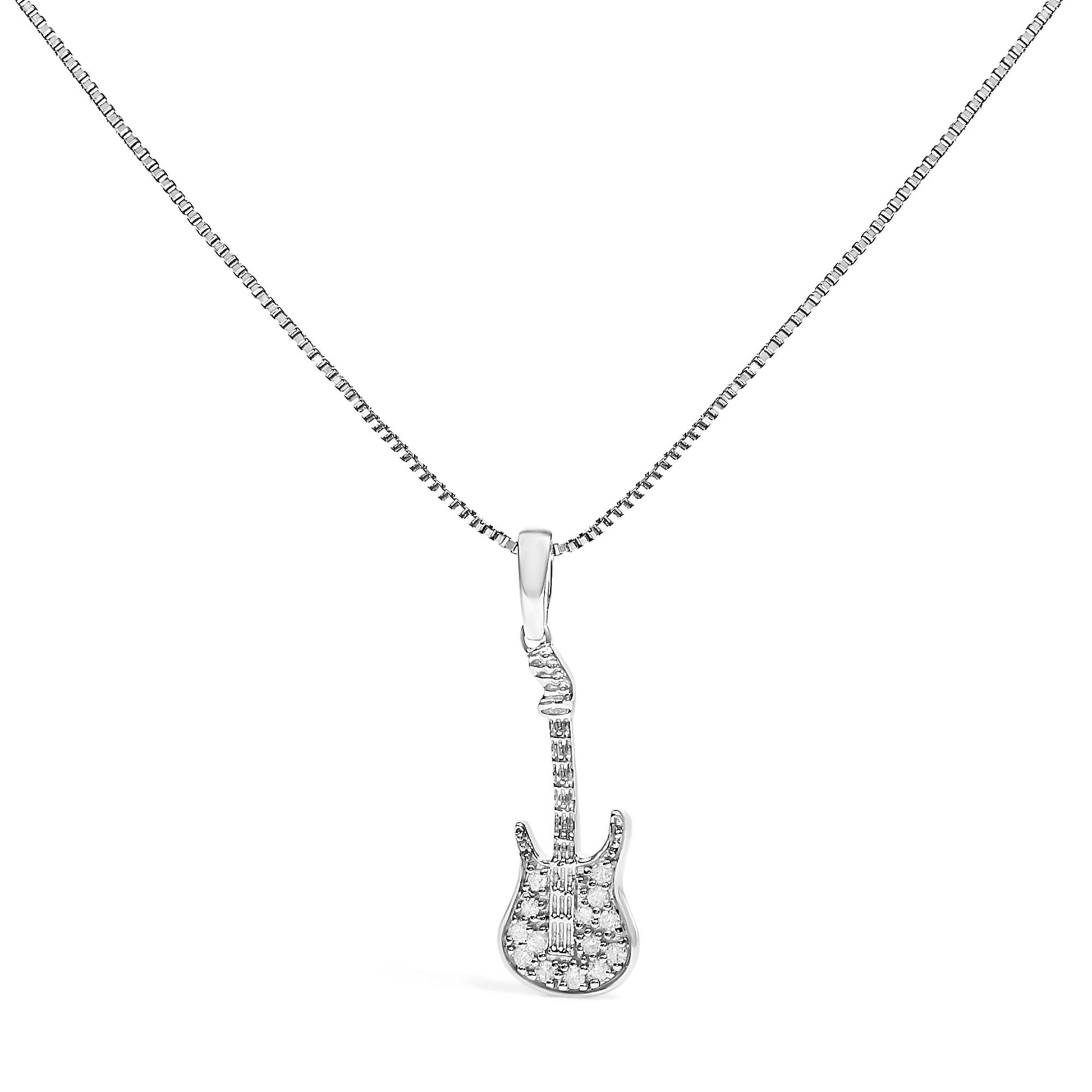 Close-up front view of a white metal necklace featuring a guitar-shaped pendant adorned with round white gemstones in prong settings.