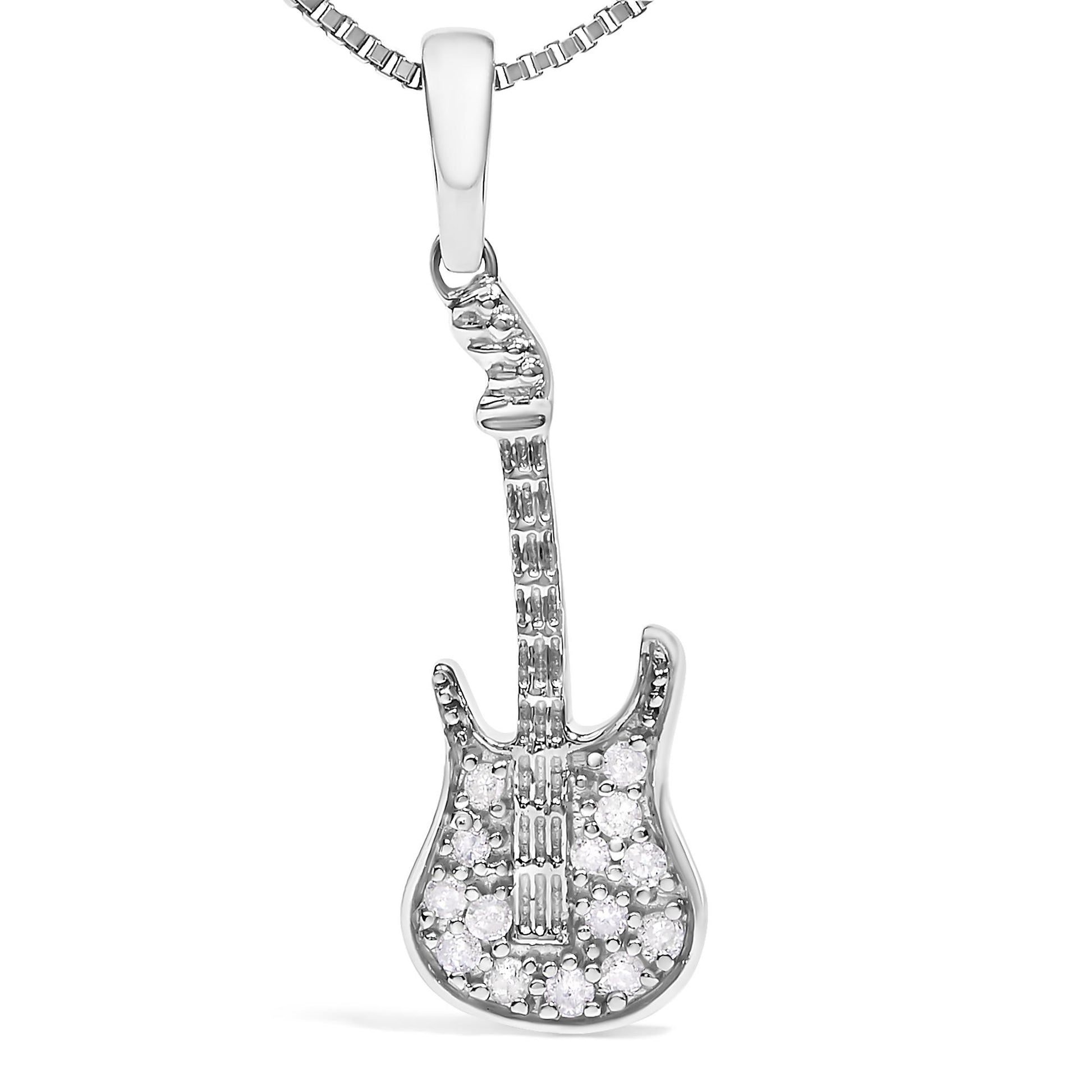 Close-up front view of a white metal necklace pendant shaped like a guitar, adorned with multiple round white gemstones in prong settings.