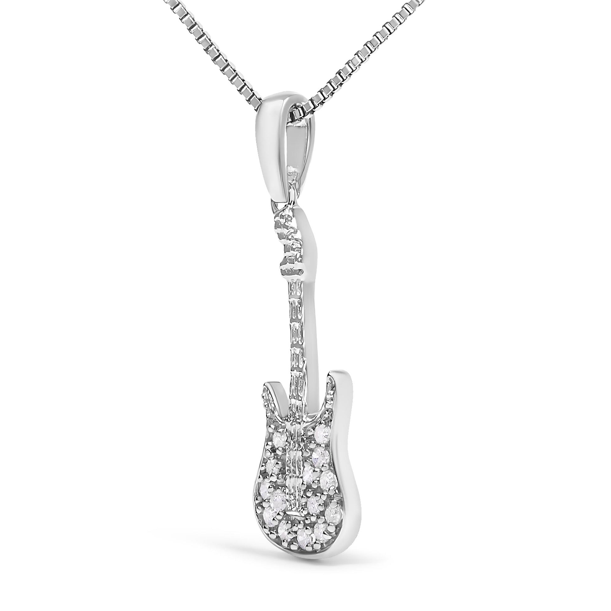 Close-up front angle of a white metal necklace pendant shaped like a guitar, adorned with multiple round white gemstones in prong settings.