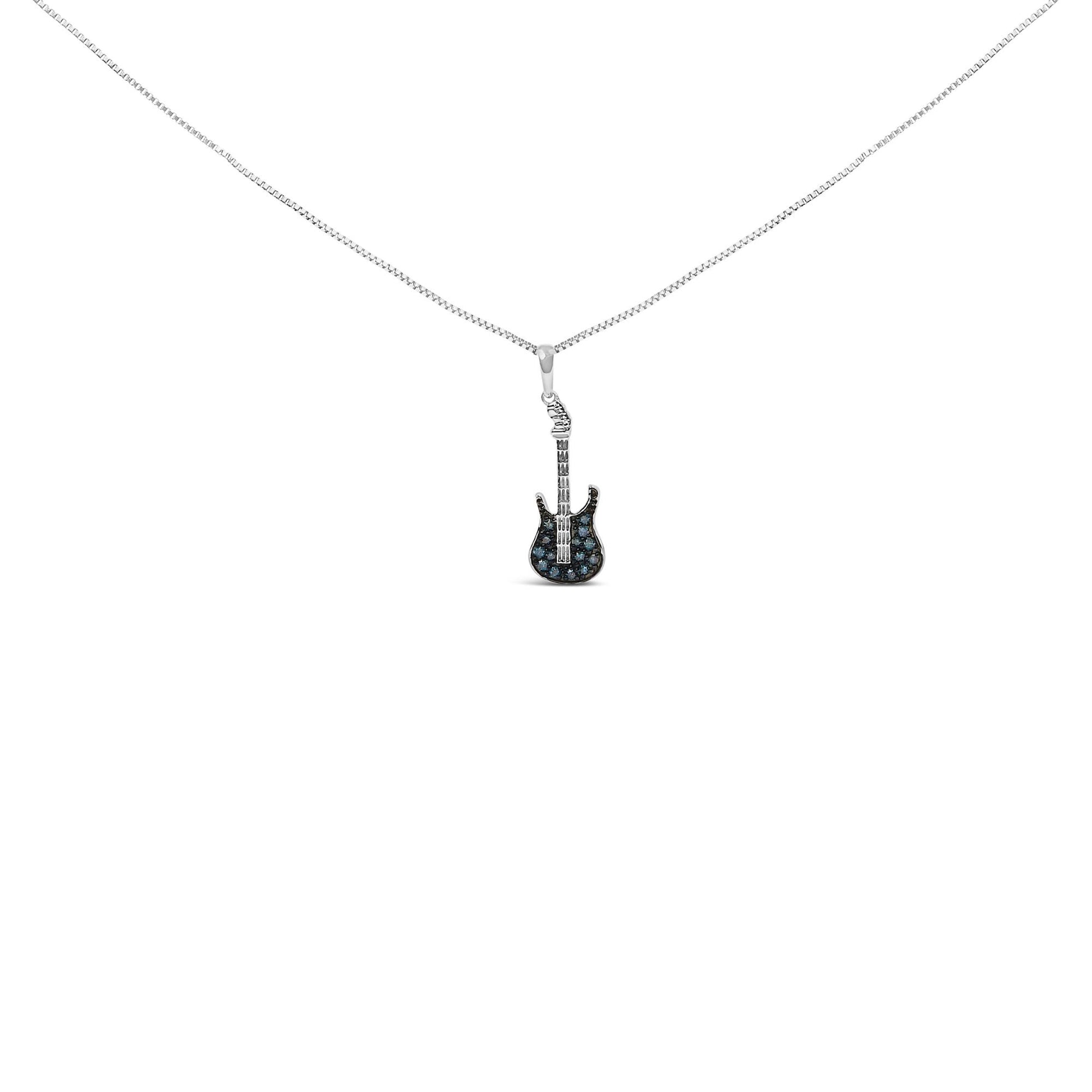 White necklace with a guitar-shaped pendant featuring round blue gemstones in prong settings, shown in a front-facing view on a white background.