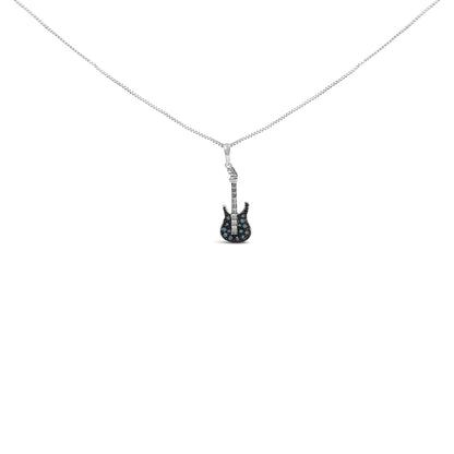 White necklace with a guitar-shaped pendant featuring round blue gemstones in prong settings, shown in a front-facing view on a white background.