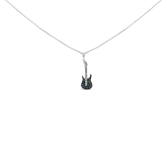 White necklace with a guitar-shaped pendant featuring round blue gemstones in prong settings, shown in a front-facing view on a white background.