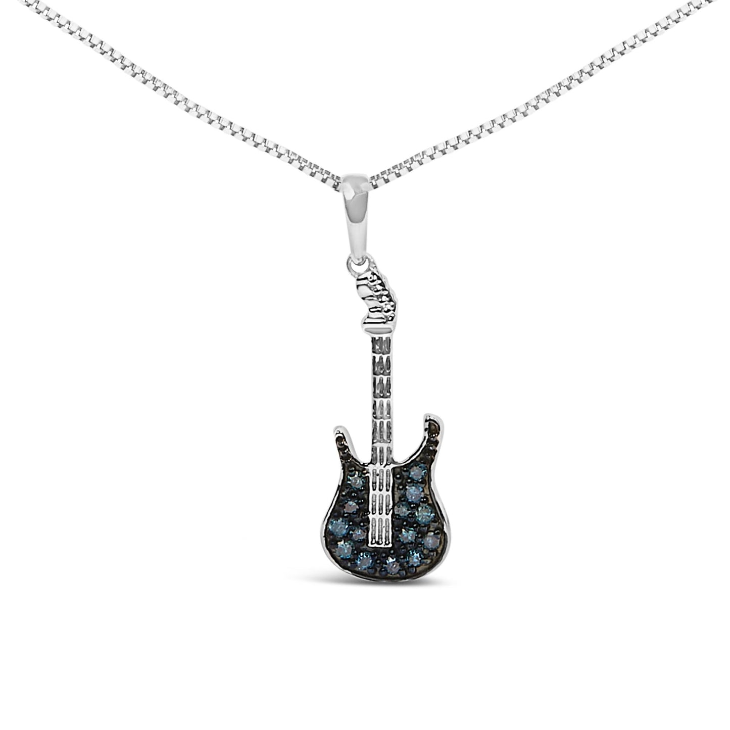 Front view of white metal necklace with guitar-shaped pendant featuring multiple round blue gemstones in prong settings.