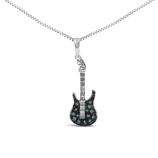 Front view of white metal necklace with guitar-shaped pendant featuring multiple round blue gemstones in prong settings.
