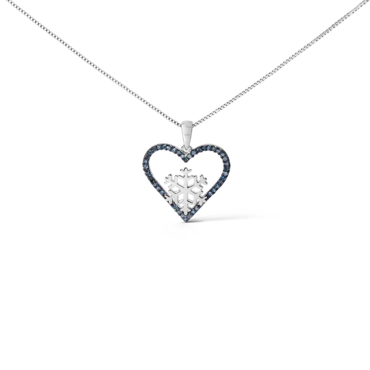 Close-up front view of a white metal necklace with a heart-shaped pendant outlined in blue gemstones and a snowflake design in the center, shown on a white background.