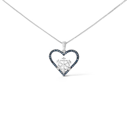Close-up front view of a white metal necklace with a heart-shaped pendant outlined in blue gemstones and a snowflake design in the center, shown on a white background.