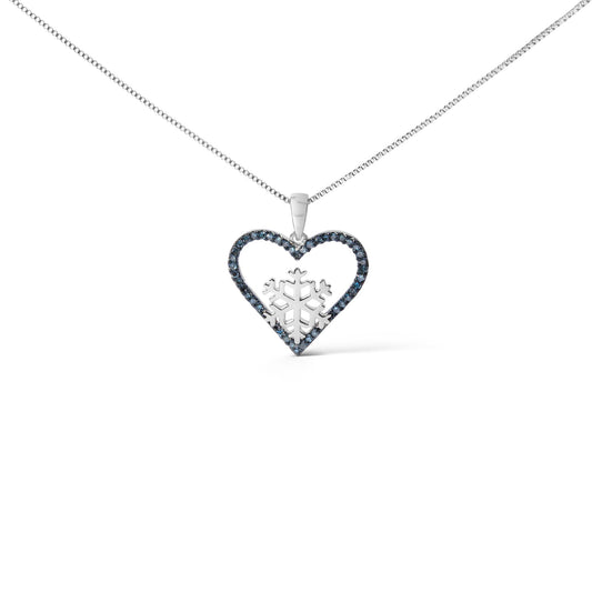 Close-up front view of a white metal necklace with a heart-shaped pendant outlined in blue gemstones and a snowflake design in the center, shown on a white background.