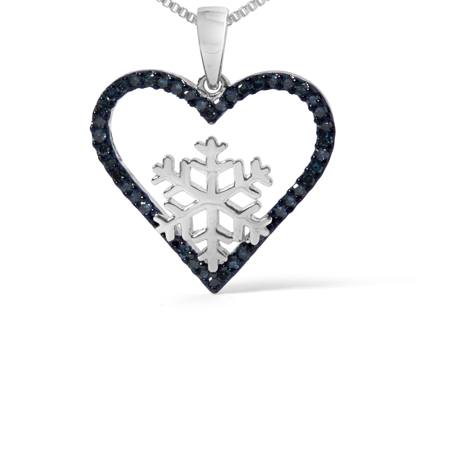 Close-up front view of a white necklace pendant featuring a heart outline adorned with round blue gemstones in prong settings and a snowflake design in the center.