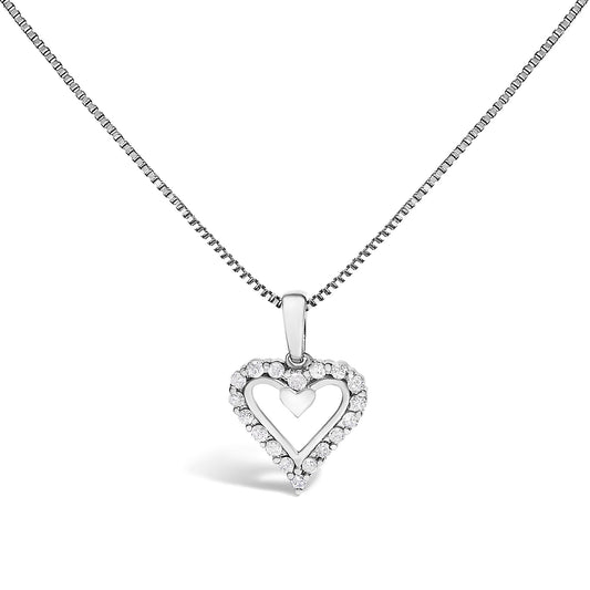 Front view of a white metal heart-shaped necklace pendant with an open center and white round prong-set gemstones along the heart outline.