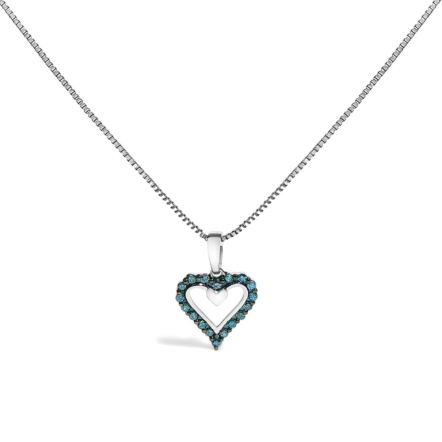 Front view of a white metal heart-shaped necklace pendant with round blue gemstones in prong settings along the border, hanging from a white metal chain.