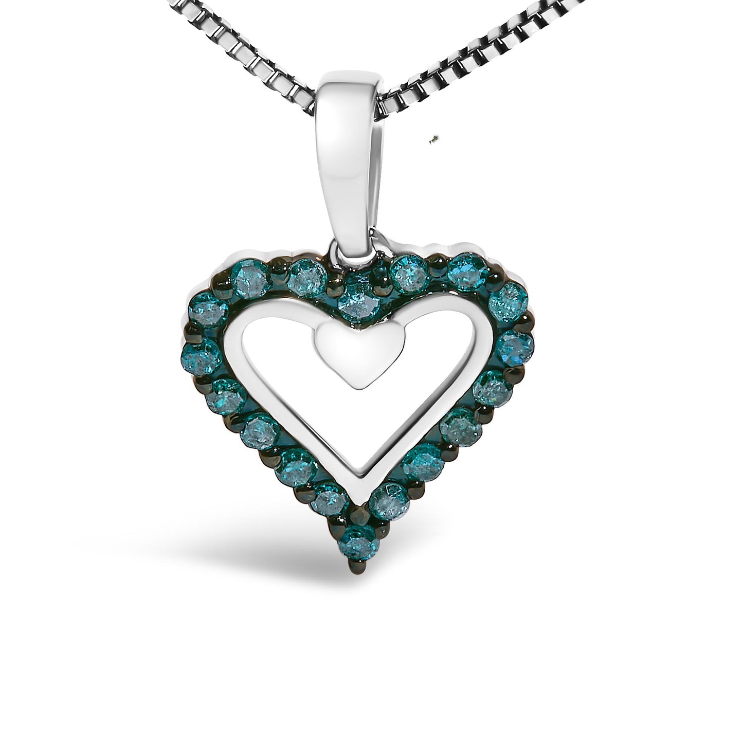 Front-facing view of a white metal heart-shaped necklace pendant outlined with round blue gemstones in prong settings on a matching chain.