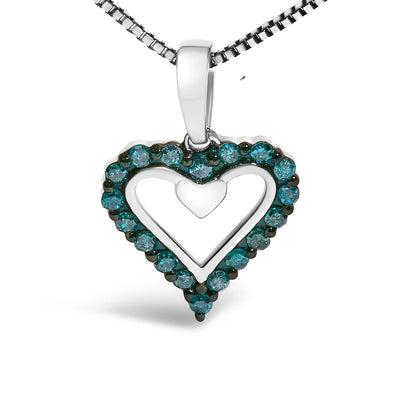 Front-facing view of a white metal heart-shaped necklace pendant outlined with round blue gemstones in prong settings on a matching chain.
