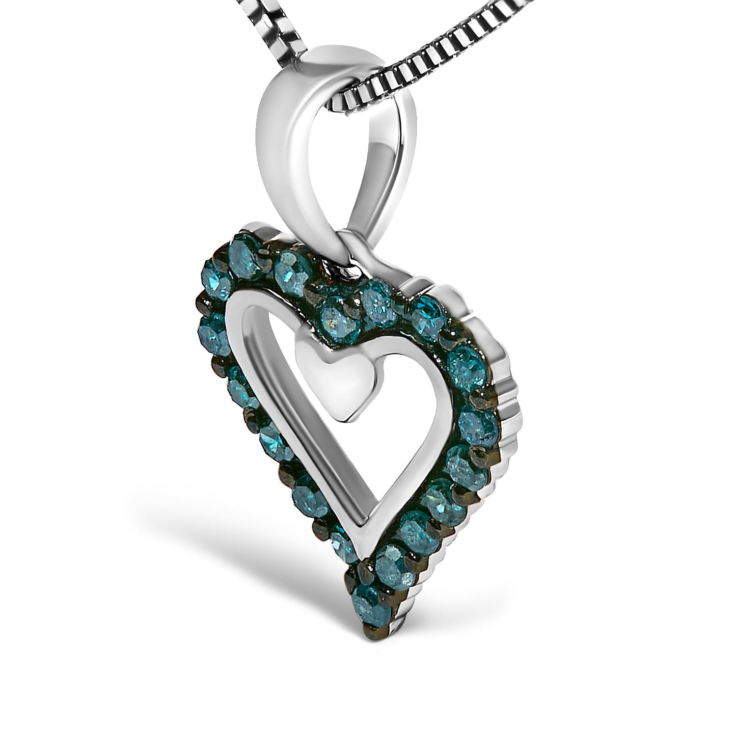 Close-up angled view of a white metal heart-shaped necklace pendant with an open center, outlined with round prong-set blue gemstones on a white metal chain.
