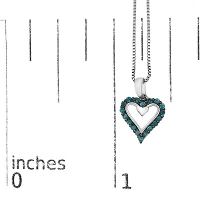 White metal necklace with heart-shaped pendant bordered by round blue gemstones, displayed hanging against a ruler for size reference, front-facing angle.