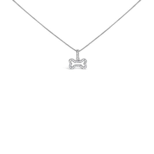 Front view of white metal necklace with a bone-shaped pendant adorned with round white gemstones in prong setting.