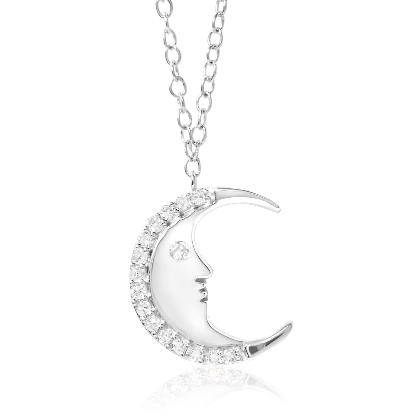 White metal crescent moon necklace pendant with round white gemstones outlining the outer curve and one gemstone for the eye, shown against a white background from a front angle.