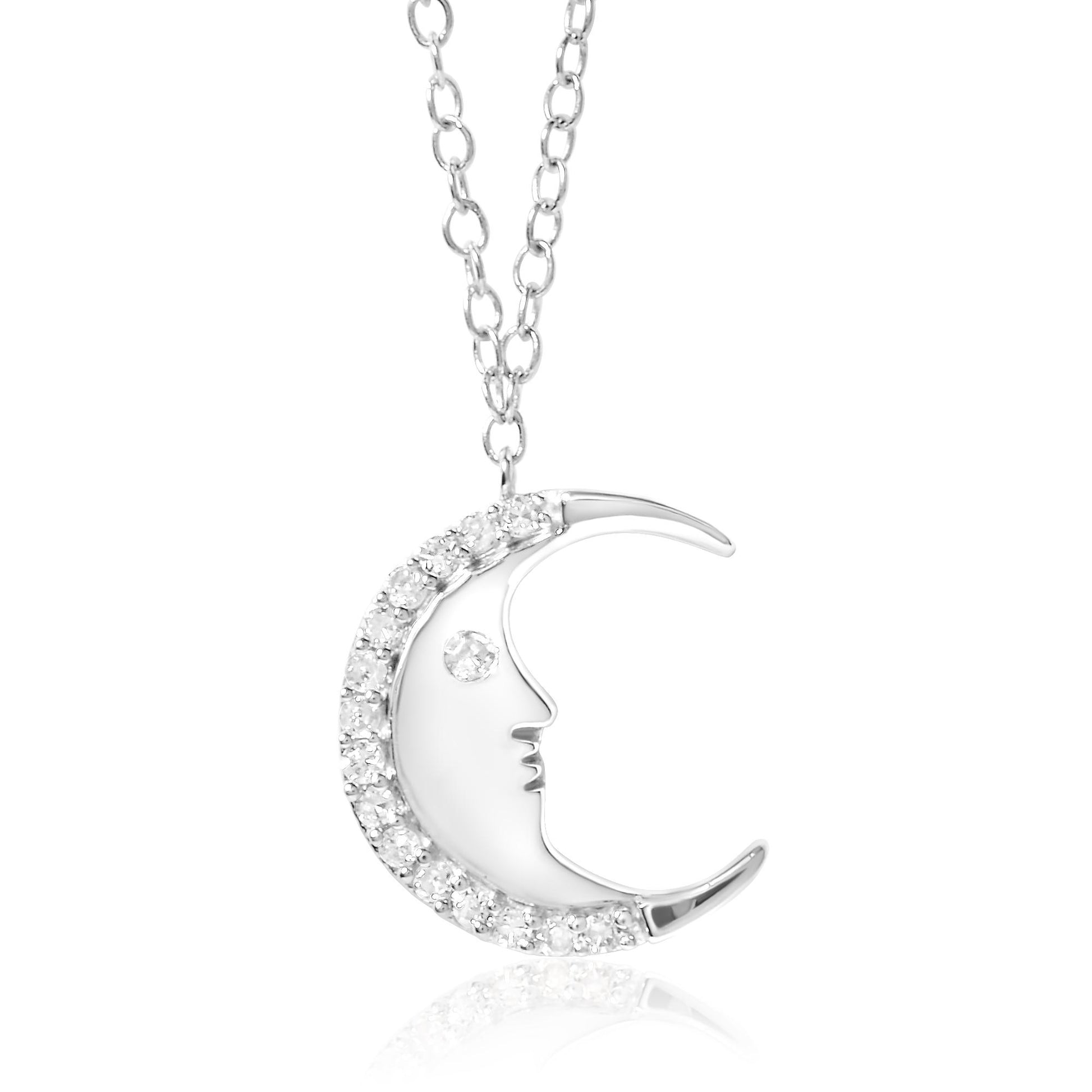 White metal crescent moon necklace pendant with round white gemstones outlining the outer curve and one gemstone for the eye, shown against a white background from a front angle.