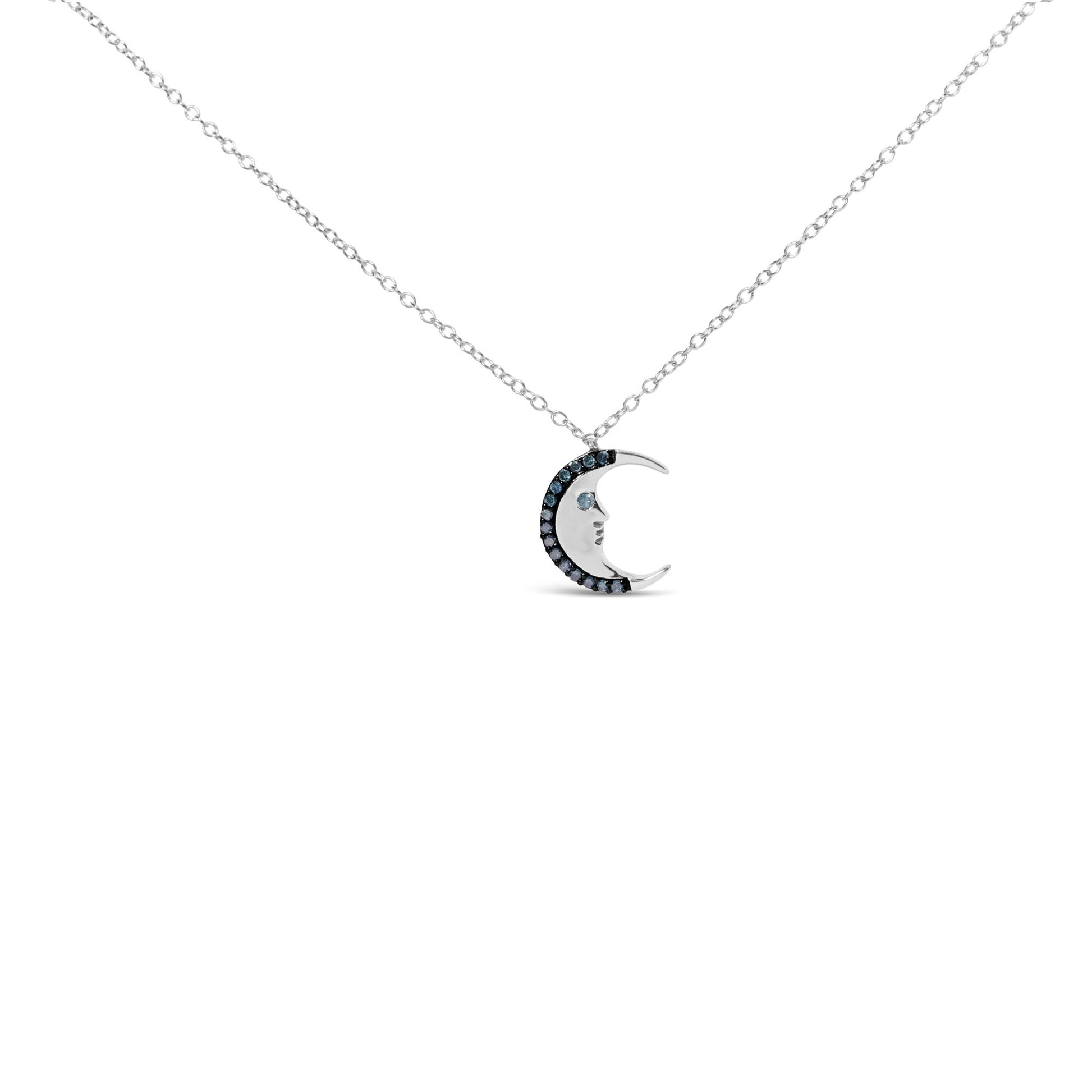 White necklace with crescent moon-shaped pendant featuring blue round prong-set gemstones, front-facing angle.