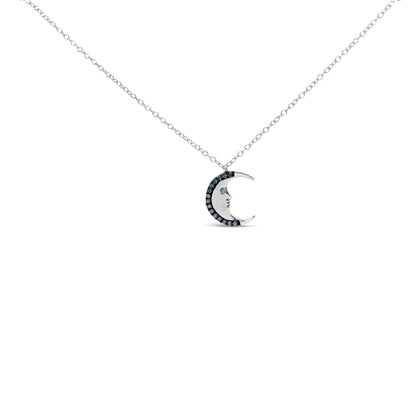 White necklace with crescent moon-shaped pendant featuring blue round prong-set gemstones, front-facing angle.