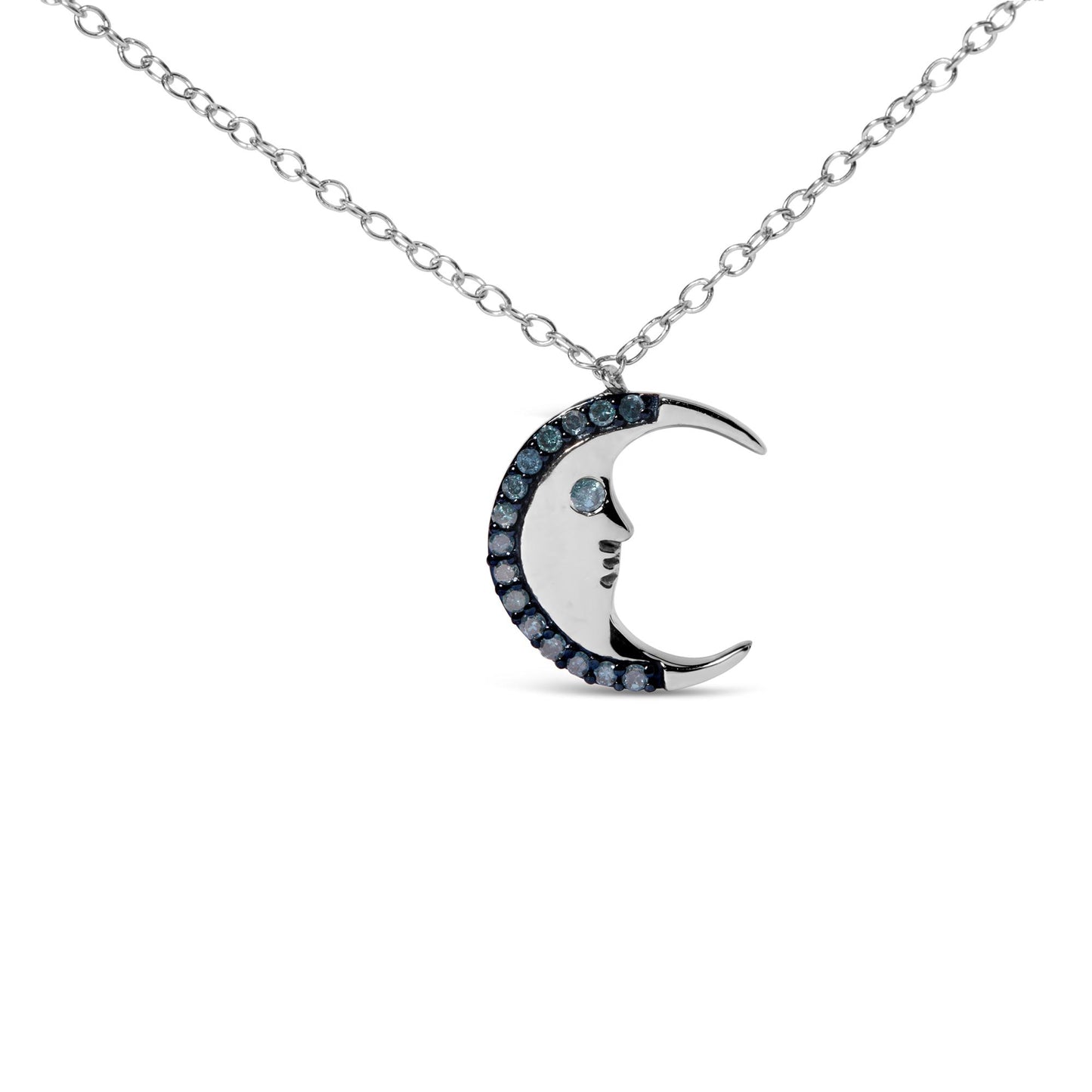 Front angle of a white metal crescent moon necklace pendant with a face design, adorned with round blue gemstones in prong settings along the outer edge and a single blue gemstone as the eye.