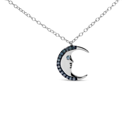 Front angle of a white metal crescent moon necklace pendant with a face design, adorned with round blue gemstones in prong settings along the outer edge and a single blue gemstone as the eye.