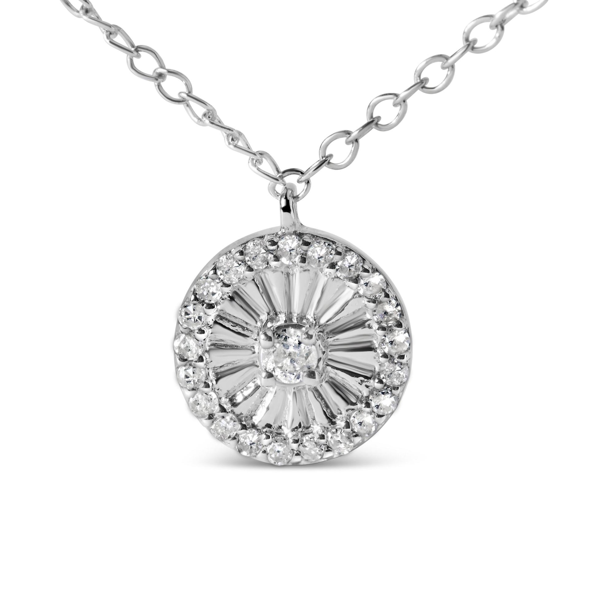 Close-up front view of a white metal necklace with a circular pendant featuring one central round white gemstone surrounded by radiating metal bars and a ring of smaller round white gemstones.