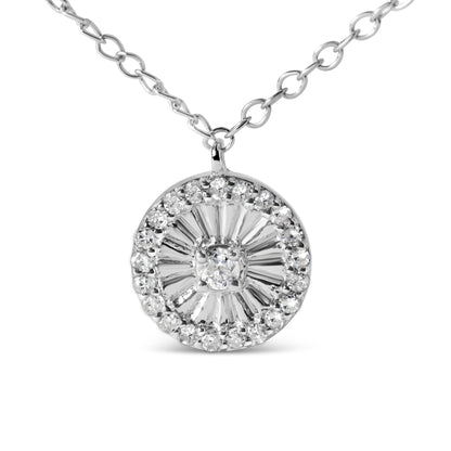 Close-up front view of a white metal necklace with a circular pendant featuring one central round white gemstone surrounded by radiating metal bars and a ring of smaller round white gemstones.