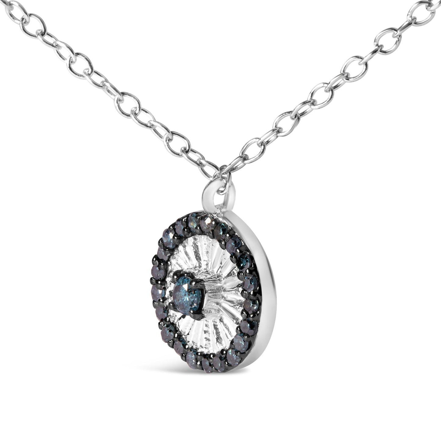 Close-up side angle of a white metal necklace with a circular pendant featuring a central round blue gemstone surrounded by smaller round blue gemstones in prong settings.