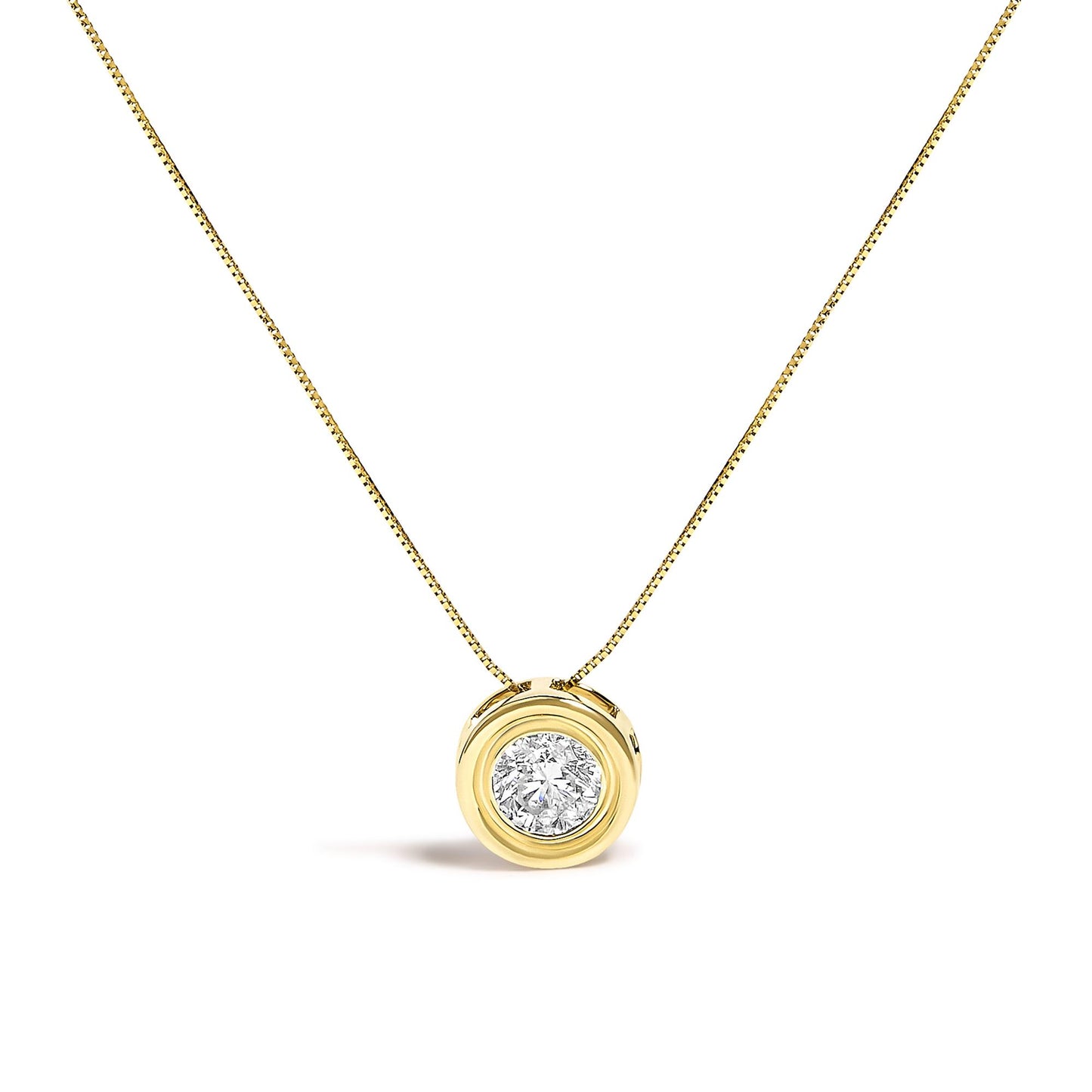 Front view of a yellow necklace with a round white gemstone set in a bezel, shown against a white background.