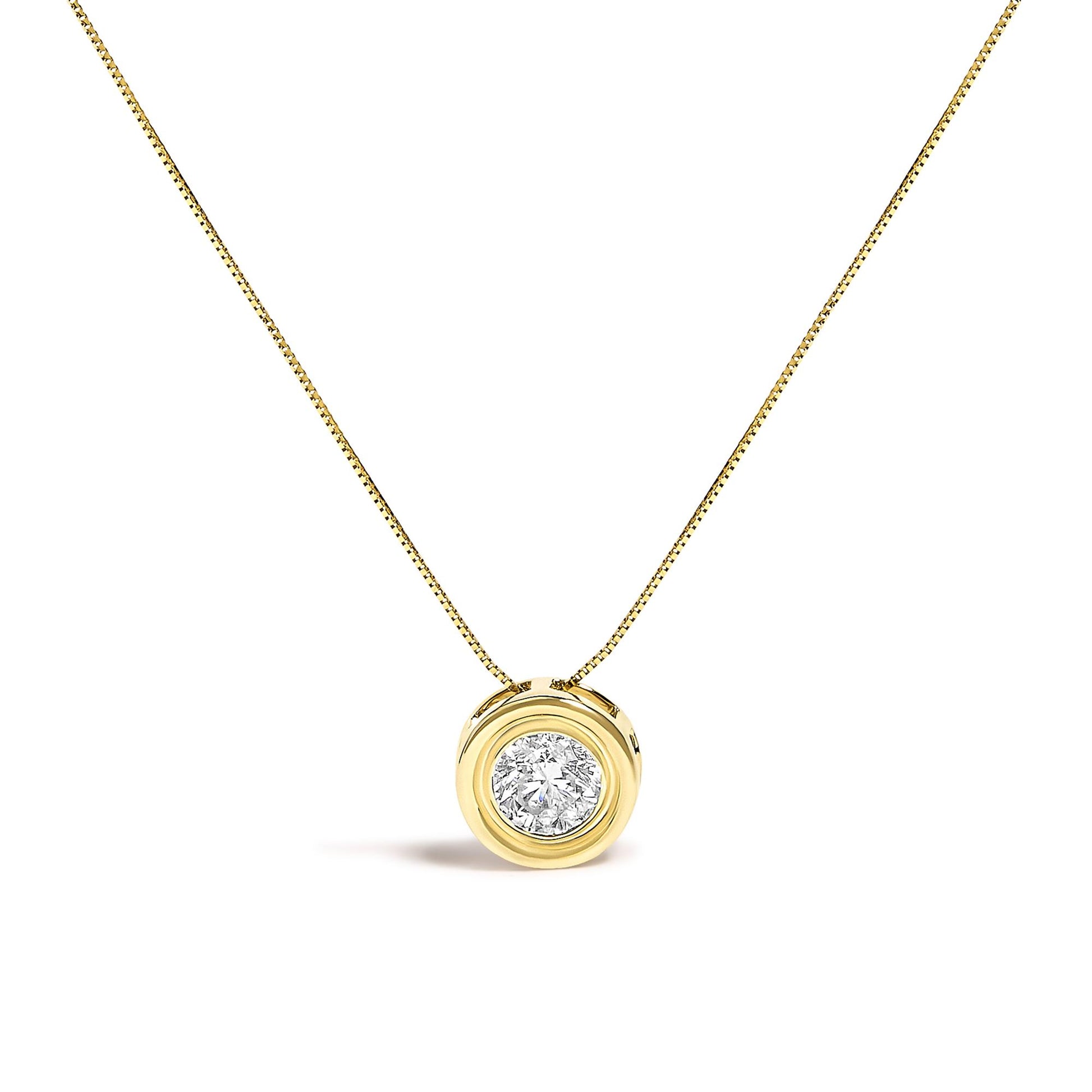 Front view of a yellow necklace with a round white gemstone set in a bezel, shown against a white background.