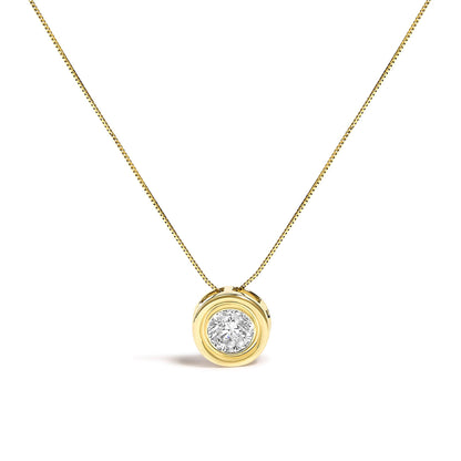 Front view of a yellow necklace with a round white gemstone set in a bezel, shown against a white background.