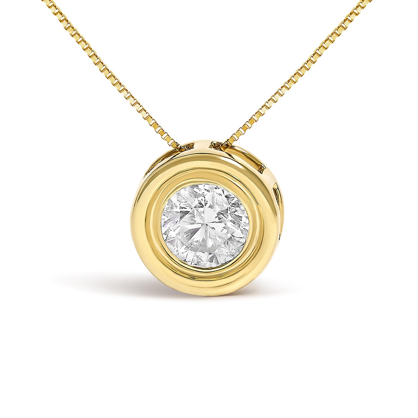 Close-up front view of a yellow metal necklace with a round white gemstone in a bezel setting pendant.