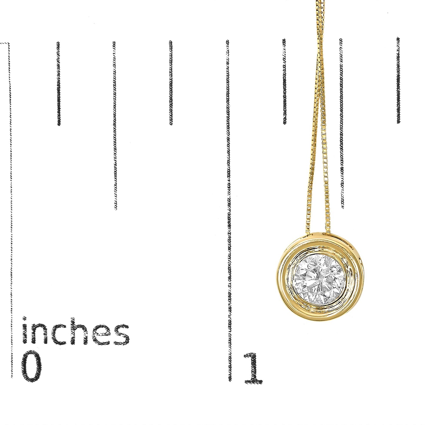 Yellow metal necklace with a round white gemstone in a bezel setting, shown hanging against a scale, front view.