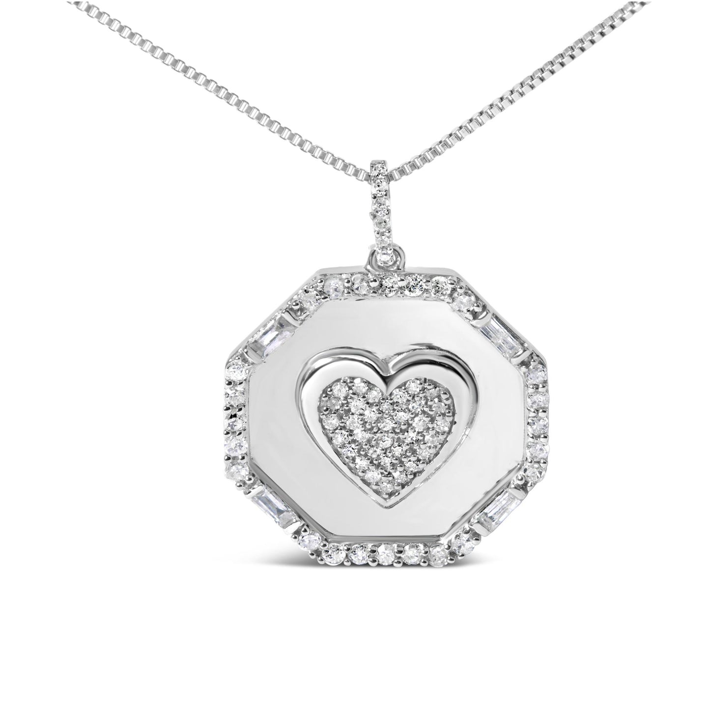Front view of a white metal necklace with an octagonal pendant featuring a heart shape filled with small round white gemstones, surrounded by a border of alternating round and baguette white gemstones, photographed on a white background.