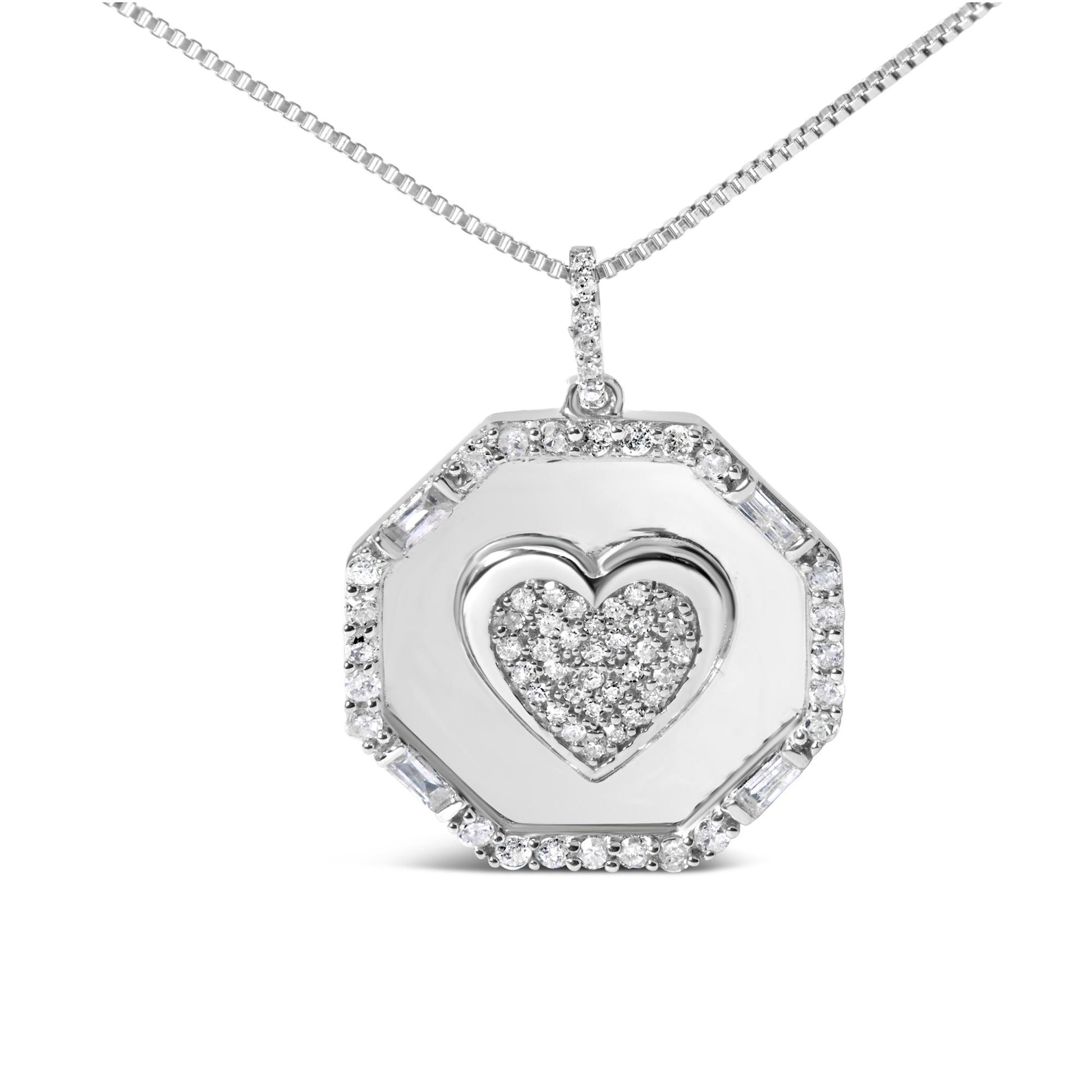 Front view of a white metal necklace with an octagonal pendant featuring a heart shape filled with small round white gemstones, surrounded by a border of alternating round and baguette white gemstones, photographed on a white background.