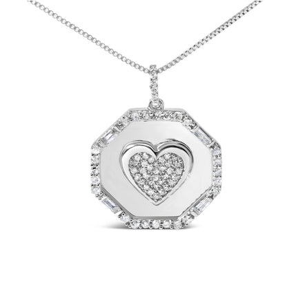 Front view of a white metal necklace with an octagonal pendant featuring a heart shape filled with small round white gemstones, surrounded by a border of alternating round and baguette white gemstones, photographed on a white background.