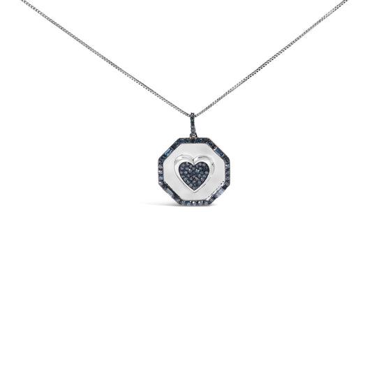 Front view of a white metal necklace with a pendant featuring a heart shape filled with round blue gemstones surrounded by an octagonal border set with round and baguette blue gemstones.