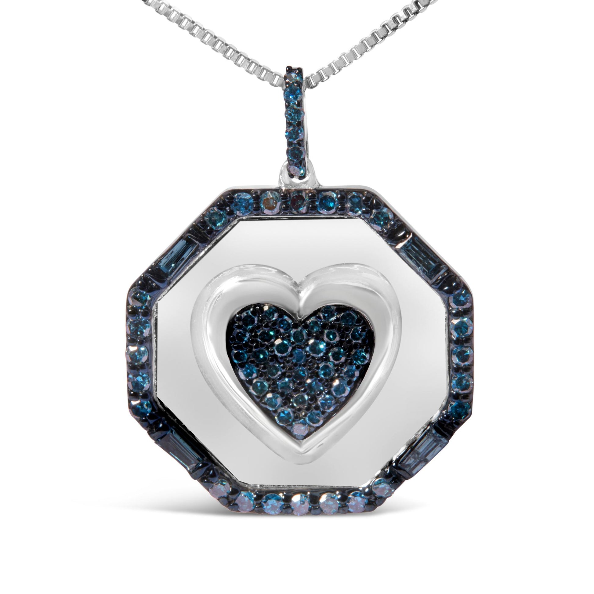 Close-up front view of a white necklace pendant with an octagonal frame encrusted with blue round and baguette-shaped gemstones, featuring a raised heart shape in the center filled with blue round gemstones.