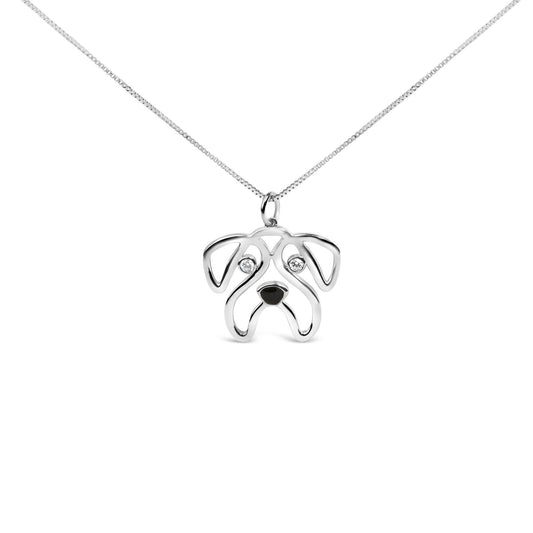Front view of a white metal necklace with a pendant shaped like a dog's face, featuring two round white gemstones as eyes and a black detail for the nose.