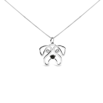 Front view of a white metal necklace with a pendant shaped like a dog's face, featuring two round white gemstones as eyes and a black detail for the nose.