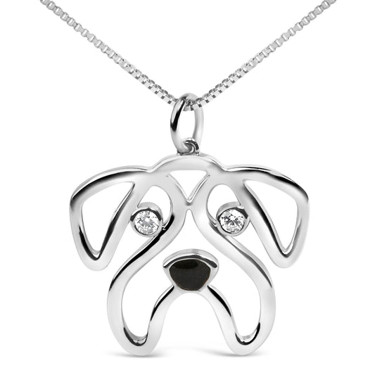 Front-facing view of a white metal necklace pendant shaped like a dog’s face, featuring two bezel-set round white gemstones as eyes and a black enamel nose.