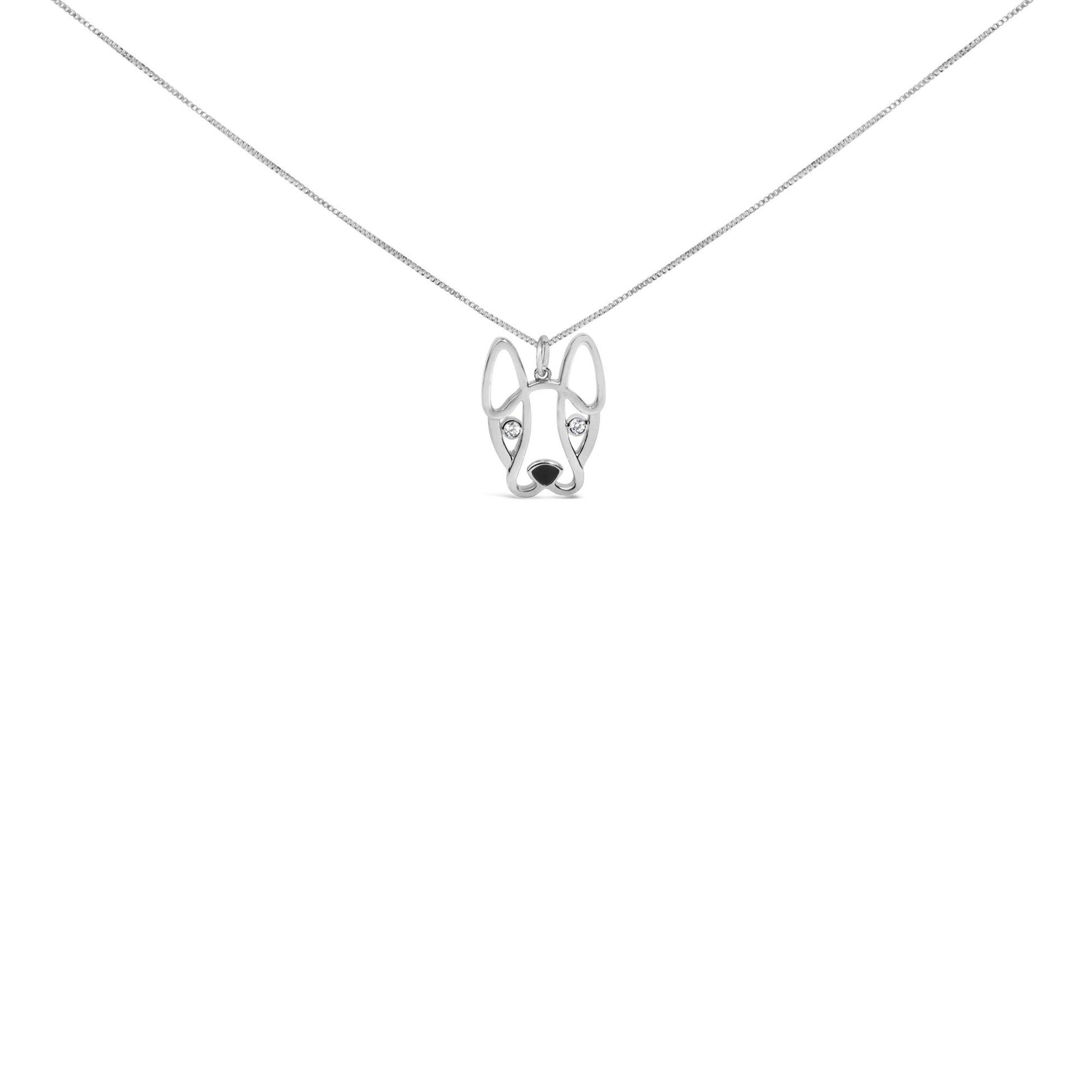 Front view of white metal necklace with dog face pendant featuring two round white gemstones as eyes in bezel settings on a thin chain.